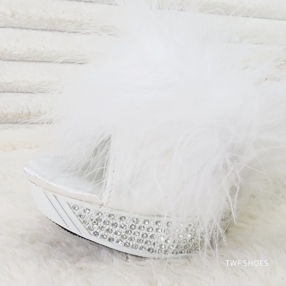Your Majesty White Marabou Feather Rhinestone Platform Slip On Wedding Slides - Picture 2 of 10